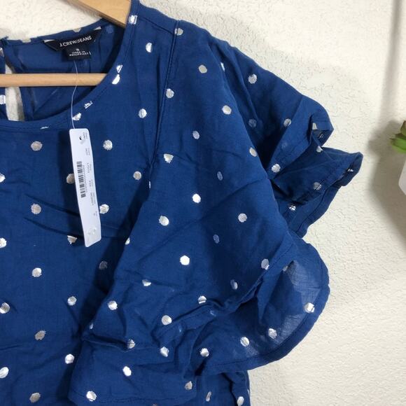 NWT J. Crew Ruffle Flutter Sleeve Metallic Polka Dot Top - foil Indigo Silver - Picture 3 of 10